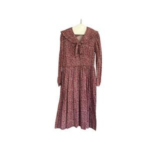 Laura Ashley vintage Prairie Maxi Dress Red Floral Print Bow Collar women sz 10